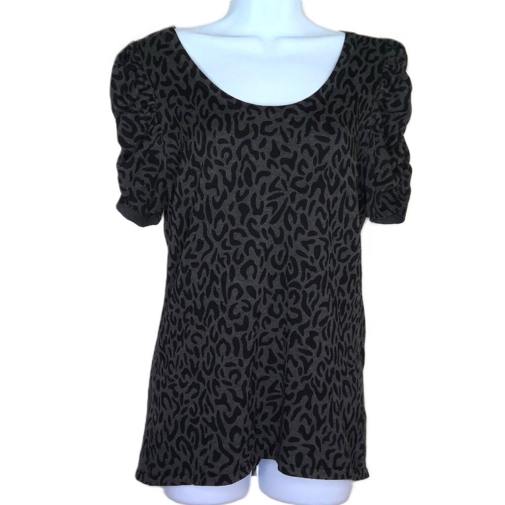 Style & Co Knit Top Black Gray Leopard Animal Print Scoop Short Ruched Sleeve L